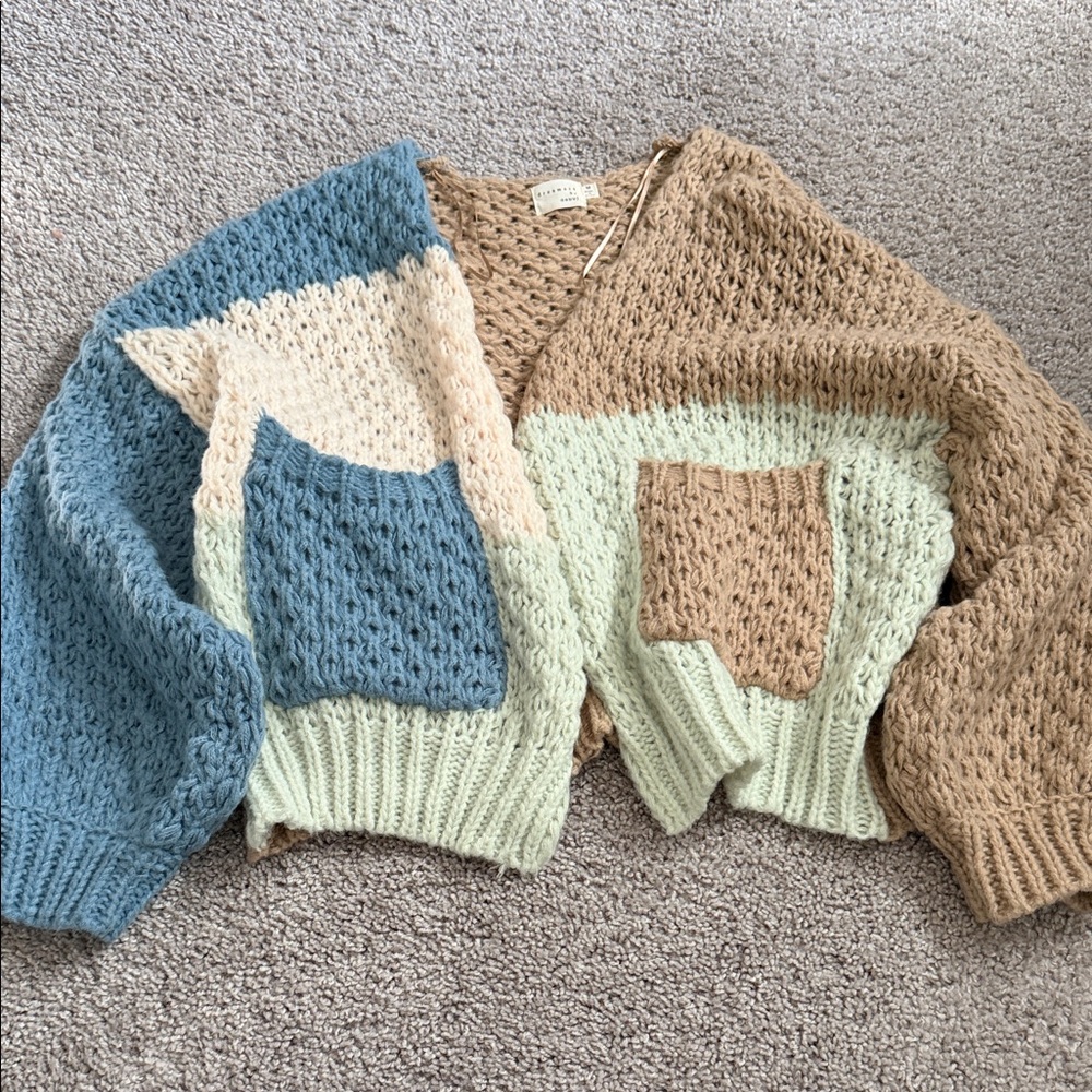 Dry Goods Blue and Tan Patchwork Cardigan